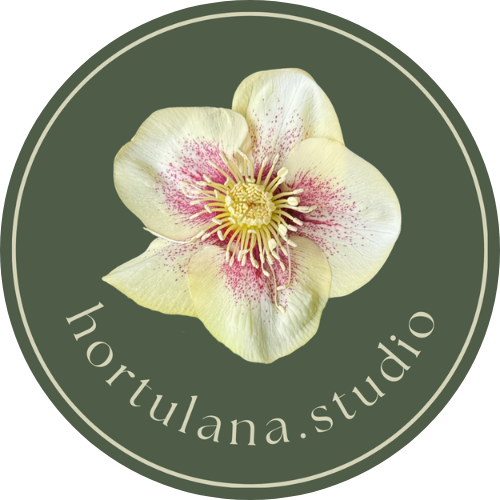 Logo hortulana.studio z białym kwiatem i zielonym tłem